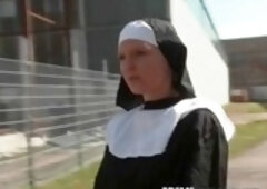 Obedient blonde in chains is being mercilessly teased by a lesbian nun