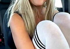 Blonde Babe Strips and Teases Topless in Car