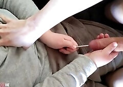 Spontaneously making him fuck a 13mm curved rosebud on the couch | Part 1