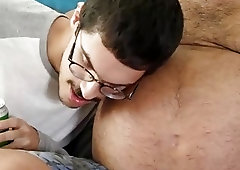 Skinny nerd loves his daddy bear's big belly