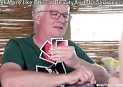 BeautyAndTheSenior .com clip! Molly Cute, a flirty golden-haired teen, struts in a constricted petticoat, catching Old man Paul Jones’ eye.  Have a