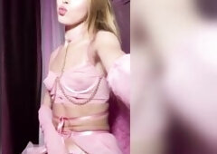 white youthful college trans angel rubbing her girlcock