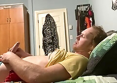 Roommates jerk off with each other's panties, cum on lingerie. Redhead guy shows off uncut cock