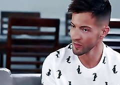 Cute homo is trapped in the middle of a dick sandwich