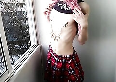 Femboy public masturbation on the balcony