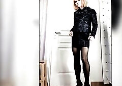 Hot Crossdresser Transsexual Vinyl Petticoat Leather Jacket Nylon High Heels