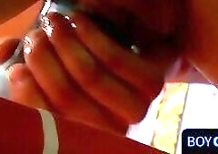 Skinny guy with huge dick masturbates with a weird sex toy