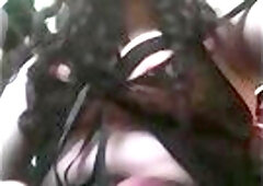 Dark-haired sissy Annarios rubs her big cock and eats cum