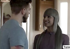 Smart Tgirl Itzel Saenz and Steve Ricks are in the kitchen kissing each other.After that,she lets Steve suck her shecock first and in return,she throa