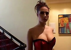 Brunette in red lingerie gets fucked