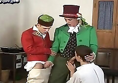 Three guys in traditional costumes fuck at home