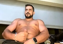 Arab stud shoots massive loads twice in a row, stroking his hard pipe until he explodes with cum