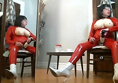 Red Catsuit White Boots E Tits