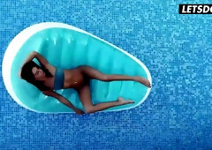 European lovers share a passionate moment by the pool under the trees