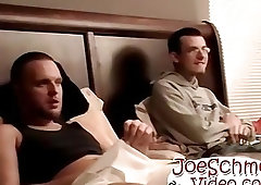 Two straight friends jerk off next to each other in the bedroom