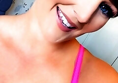 Hot babe with perfect big boobs taking shower