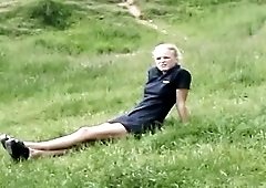 British blonde outdoors flashes panties
