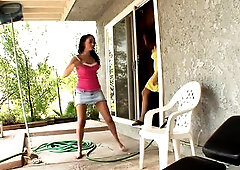 Jessie Ross & Khole Kush, white redhead and black teen angels in a lesbo licking action indoor and outdoor, by the pool.