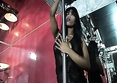 Hawt ebony lap dancer in fishnet nylons and boots, butt drilled by 2 customers of the night club