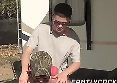 Backyard raw doggy style fucking between stepdad and his son