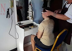 Camera in exposed barbershop. Hairdresser makes strip lady ho cut her hair. Barber, nudism. Livecam 1 1