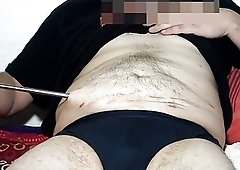 Sticking rod through stomach fetish while masturbating