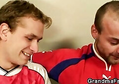 Golden-Haired grandma looses wager and double permeated