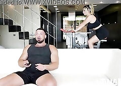 Shaved Coach Sneaks Back Downstairs and Touches the Blond on the Bike Behind Her Dude