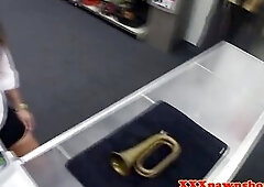 Pawnshop angry playgirl needs money in busy shop for her goods