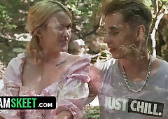 Outdoor venture - cocky blonde luvs masturbating in the forest so random strangers can catch her