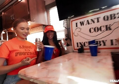 Crazy College GFs: Horny Cheerleaders Traveling Fan Fuck Fest with Brunette Emerald Loves - Threesome Orgy