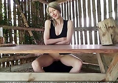 Annabel Miller wearing no pants, lifting her costume and widening her legs beneath the table. That babe shows u anything with her priceless smile.