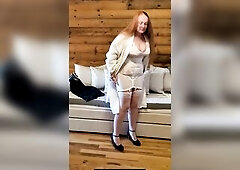 I brush my lengthy red hair in my robe, then disclose my hawt girdle and brassiere foundation wear as I put on my nylons and heels. Then it's tim