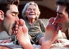 Pathetic obedient thrall licking the old unattractive feet of a 90yo granny. This guy runs his tongue lazily over her wrinkled soles and sucks her toe
