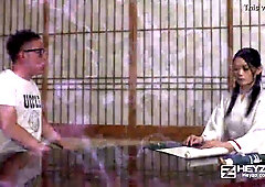 Shrine maiden Ako Nishino performs deep oral and takes a creampie from her lover