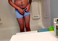 Desperate Young Man Boxer Pissing In Shower