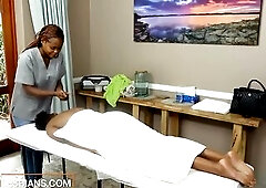 Large butt ebony lesbos amateur massage session ends up with clitoris licking, a pink sex tool up their moist constricted snatch and a body shaking cl