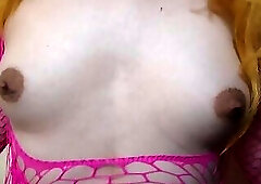 Cute Shemale Milking her Puffy Nipples and Hard Tit Slap with Huge Dildo