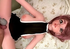 CFNM action with a tiny pecker getting it on with a love doll while covering her tee-shirt in cum