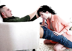 Svelte black head Black Angel flashes small tits before good banging