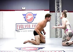 Tattoo hottie Kaiia battles pumped up boy at Evolved Fights with cunt eating and dong sucking then winner bangs loser hardcore