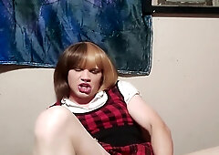 sissy in v-card spunk from Bad Dragon faux-cock