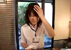 Shy Japanese employee gives handjob in hot spring