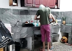 Breasty maid gives a adorable masturbation whilst preparing dinner in the kitchen