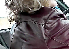 bare in public. Naked in car. female draining in car Close up pussy POV