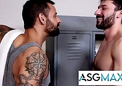 Guy-on-guy action in the locker room with David Benjamin and Scott Demarco