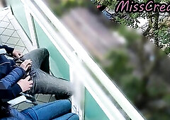 Caught Public Sex – My hawt French Teacher touches my penis in public on the hotel balcony in front of everybody until that babe takes the cum in he