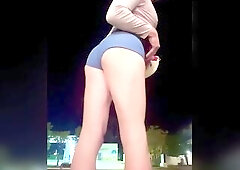Fantastic display of absolutely horny behavior! Sissy cocktease where is the shortest shorts and wiggles her horny booty at gas stations, sidewalks an