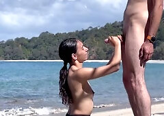 Small brunette hair sucks BWC on a beach - www.whoopsy.kiwi