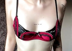 Charming floozy in darksome underware shows her melons????